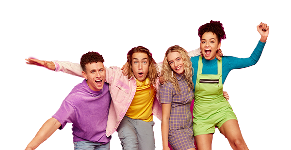 A group of four people with their arms around each other celebrating