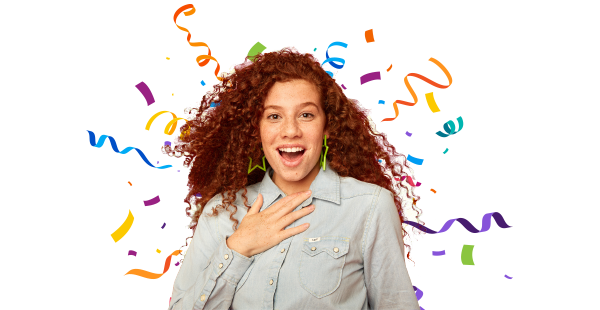 An image of a girl looking shocked surrounded by confetti