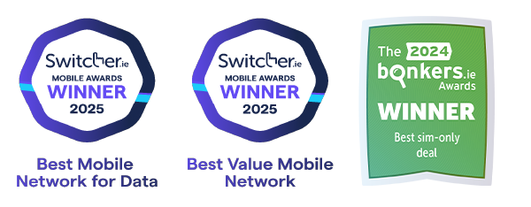 Switcher Mobile Award logos for Best Mobile Network for Data and Best Value Mobile Network and the bonkers.ie award logo for Winner of Best sim-only deal.